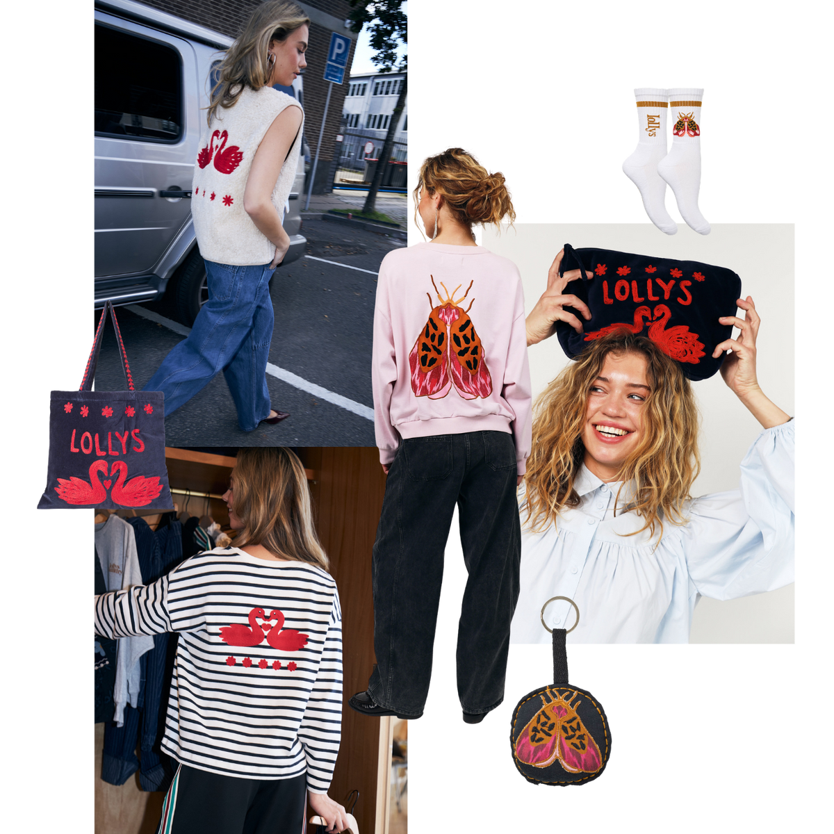 Collage aus der Pre-Spring Party 2026 Kollektion von Lollys Laundry mit handgezeichneten Schwanen- und Schmetterlingsmotiven auf Strick, Sweatshirt, Streifenshirt, Tasche und Accessoires.