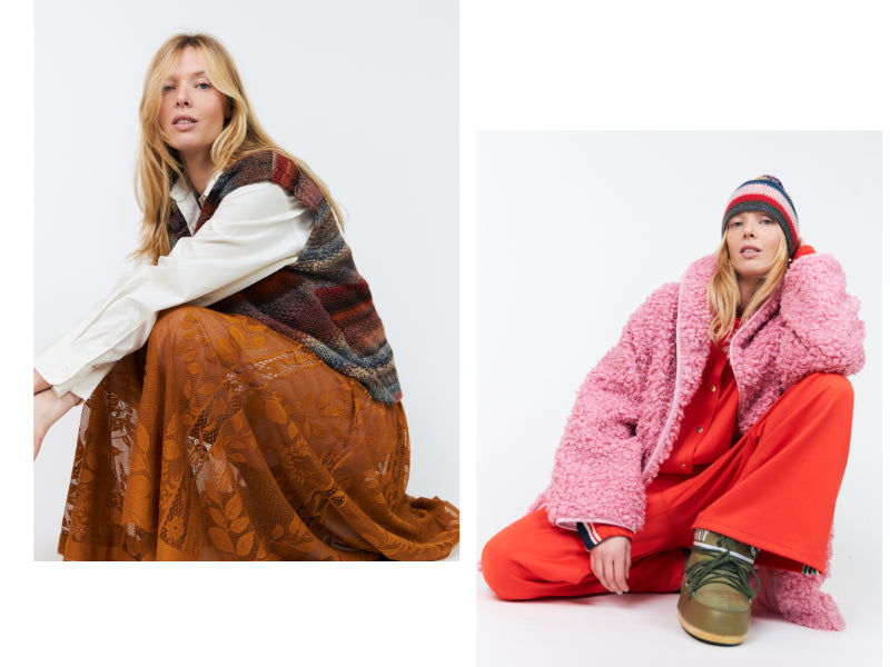 Zwei farbenfrohe Herbstlooks von Lollys Laundry mit Strickweste und braunem Spitzenrock sowie pinker Teddyjacke, rotem Set und gestreifter Strickmütze.