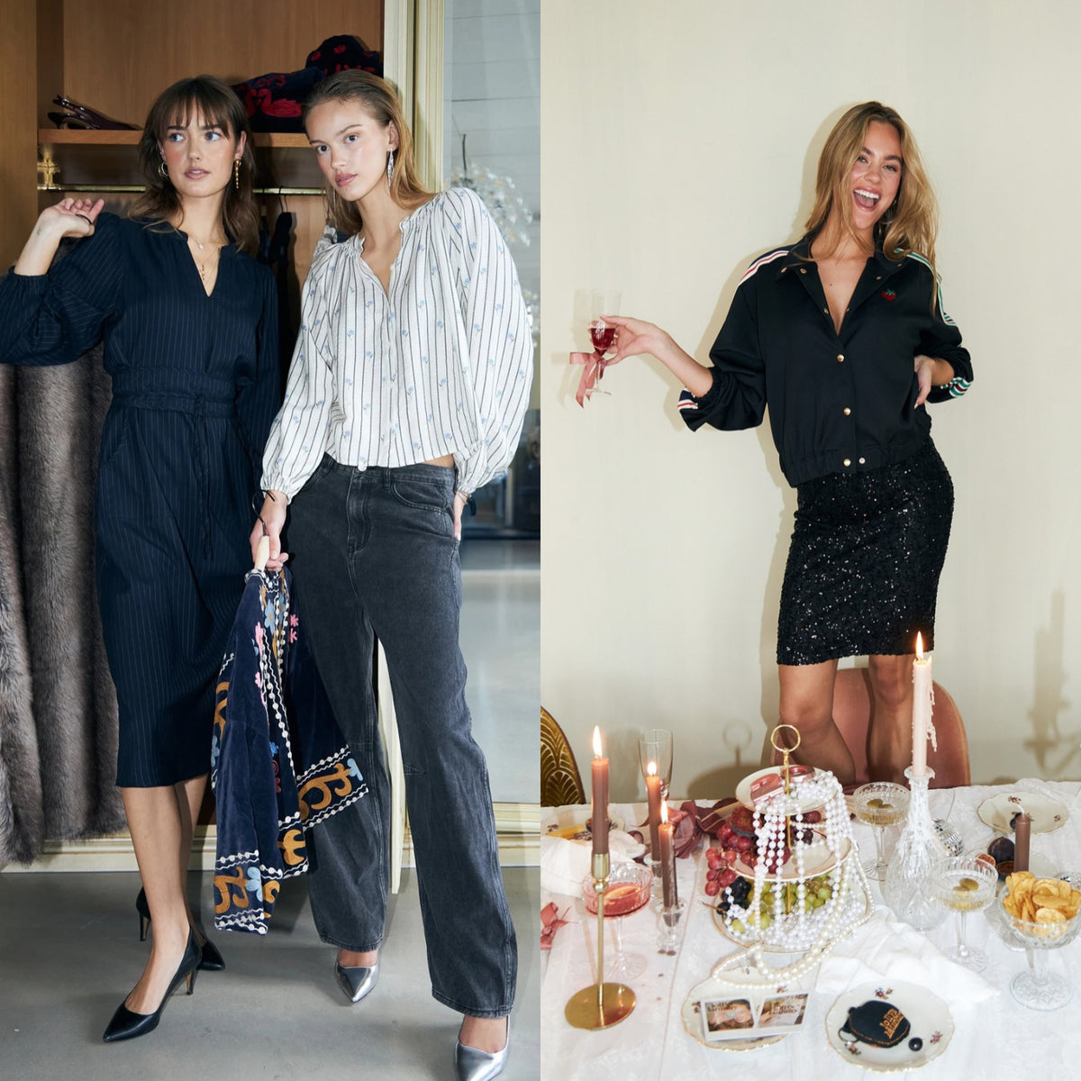 Looks aus der Pre-Spring Party 2026 Kollektion von Lollys Laundry mit gestreiftem Kleid, femininer Bluse, Denim und schwarzem Paillettenrock kombiniert mit sportlicher Jacke.
