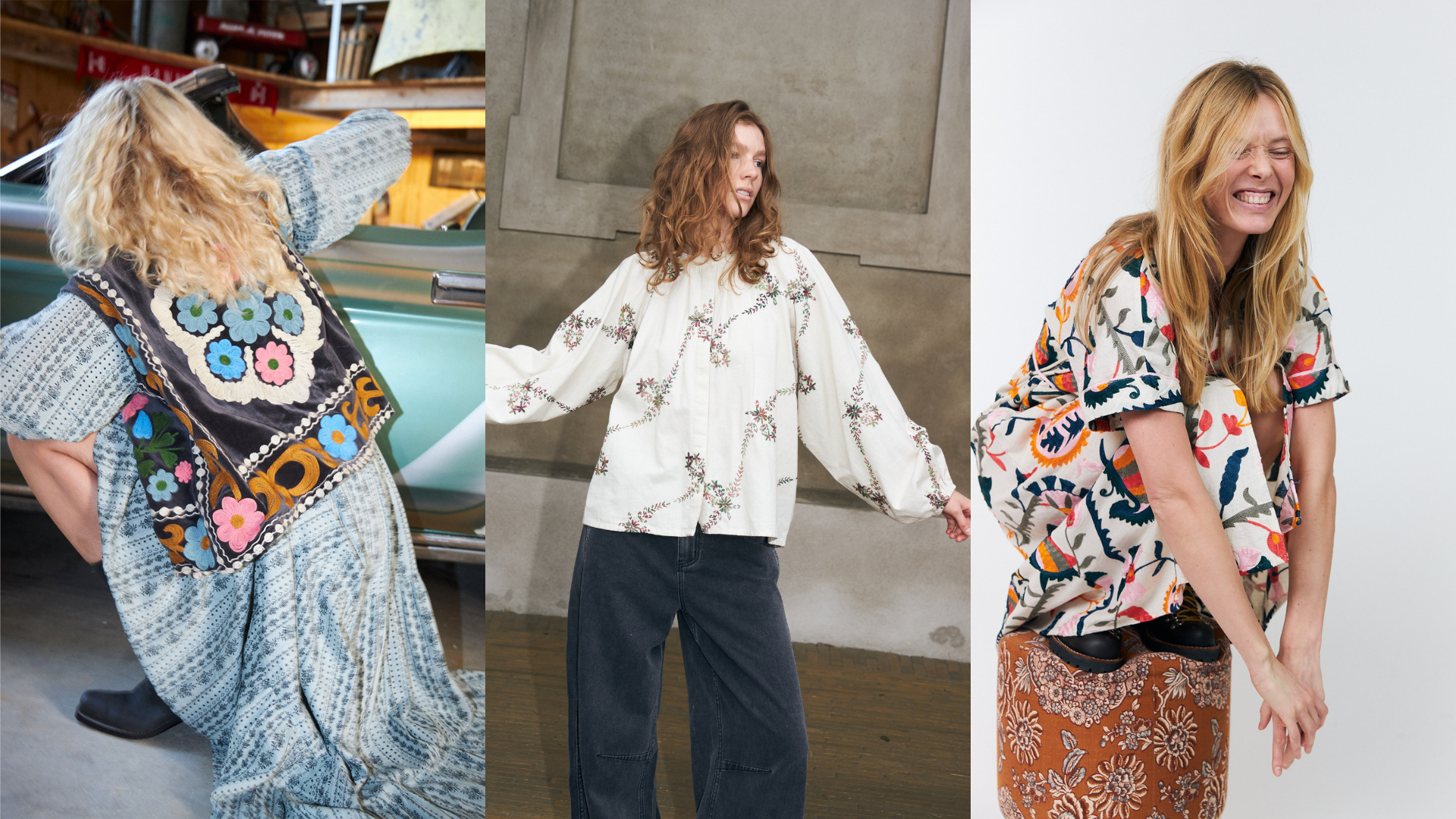 Drei Bilder einer Frau in verschiedenen Styles mit floralen Mustern.