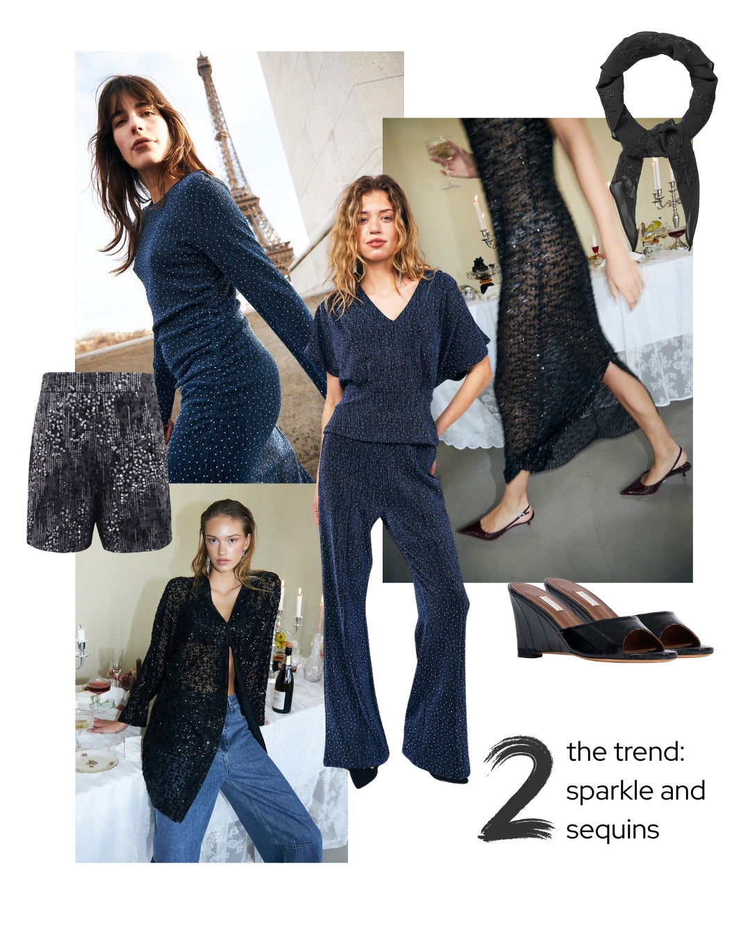 Eine Mode-Collage, die funkelnde Pailletten-Kleidung bewirbt und mehrere Models in dunkelblauen Pailletten-Stricksets, strukturierten schwarzen Pailletten-Shorts, einem schwarzen Spitzenkleid sowie schwarzen Keilsandaletten zeigt. Das Layout umfasst redaktionelle Lifestyle-Fotos, einen schwarzen Schal und den Schriftzug „the trend: sparkle and sequins“.