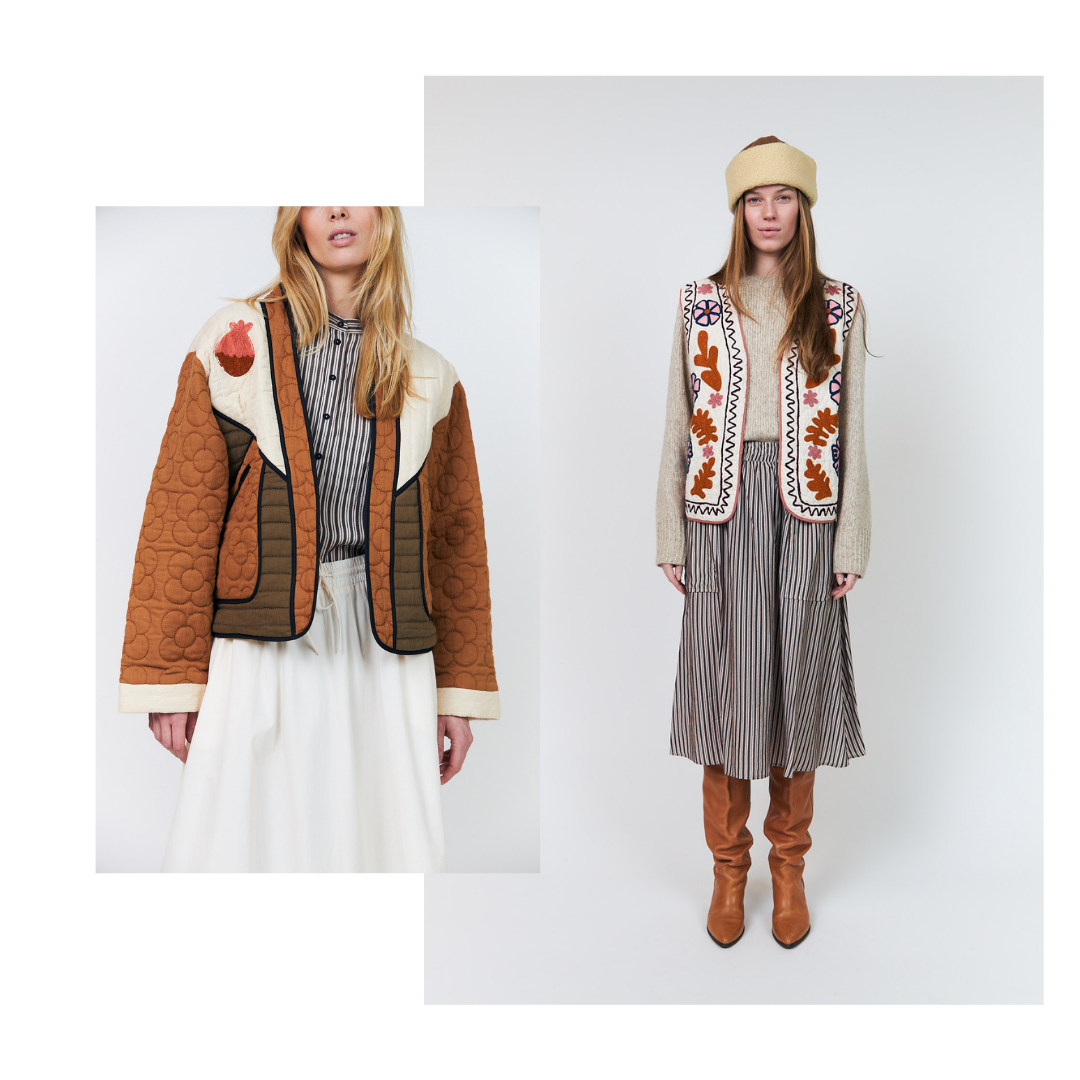 Zwei Frauen in herbstlichen Outfits mit gemusterten Westen, Stiefeln und dekorativen Details vor weißem Hintergrund.
