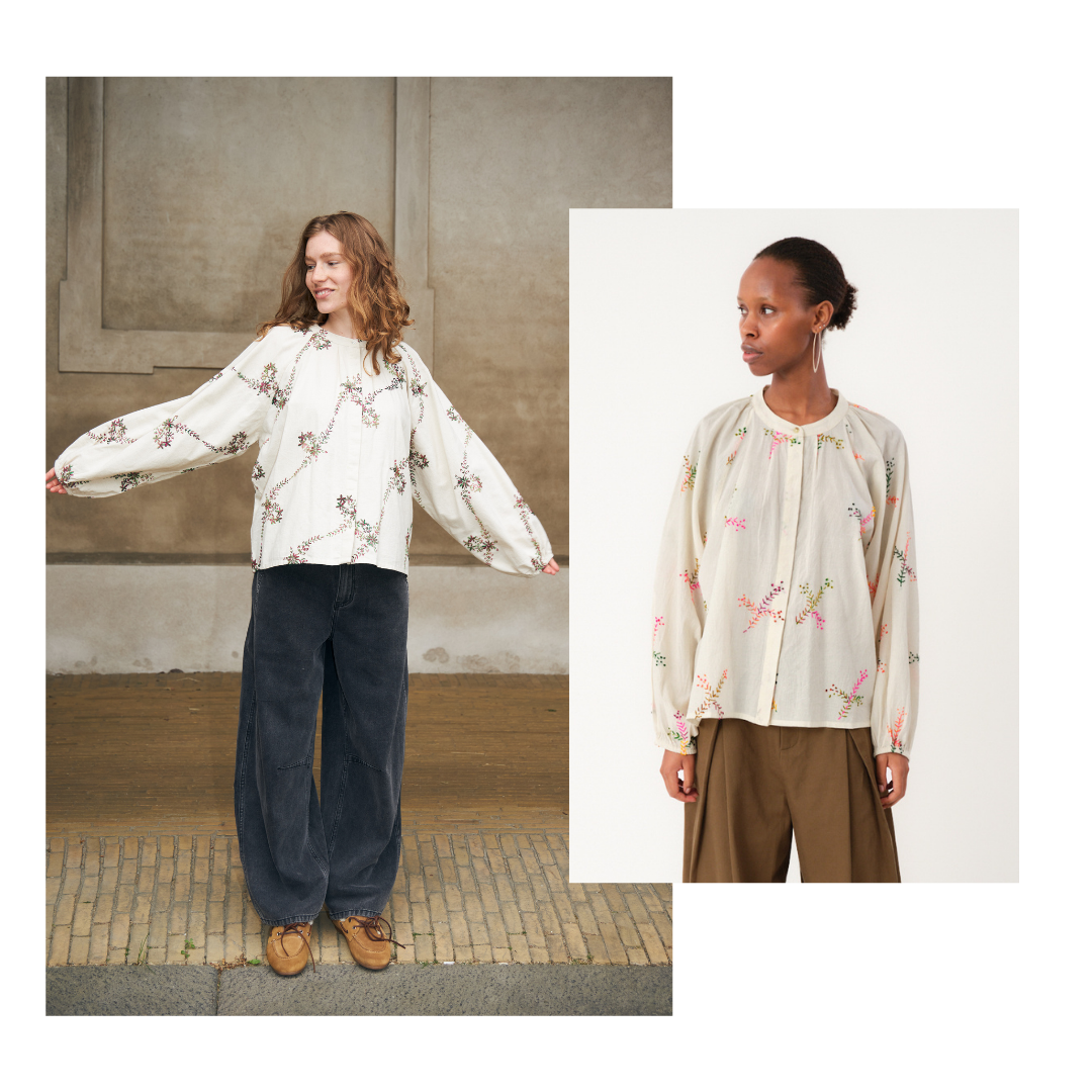 Zwei Frauen in einer Bluse mit Blumenmuster und einer gemusterten Hose in unterschiedlichen Umgebungen.