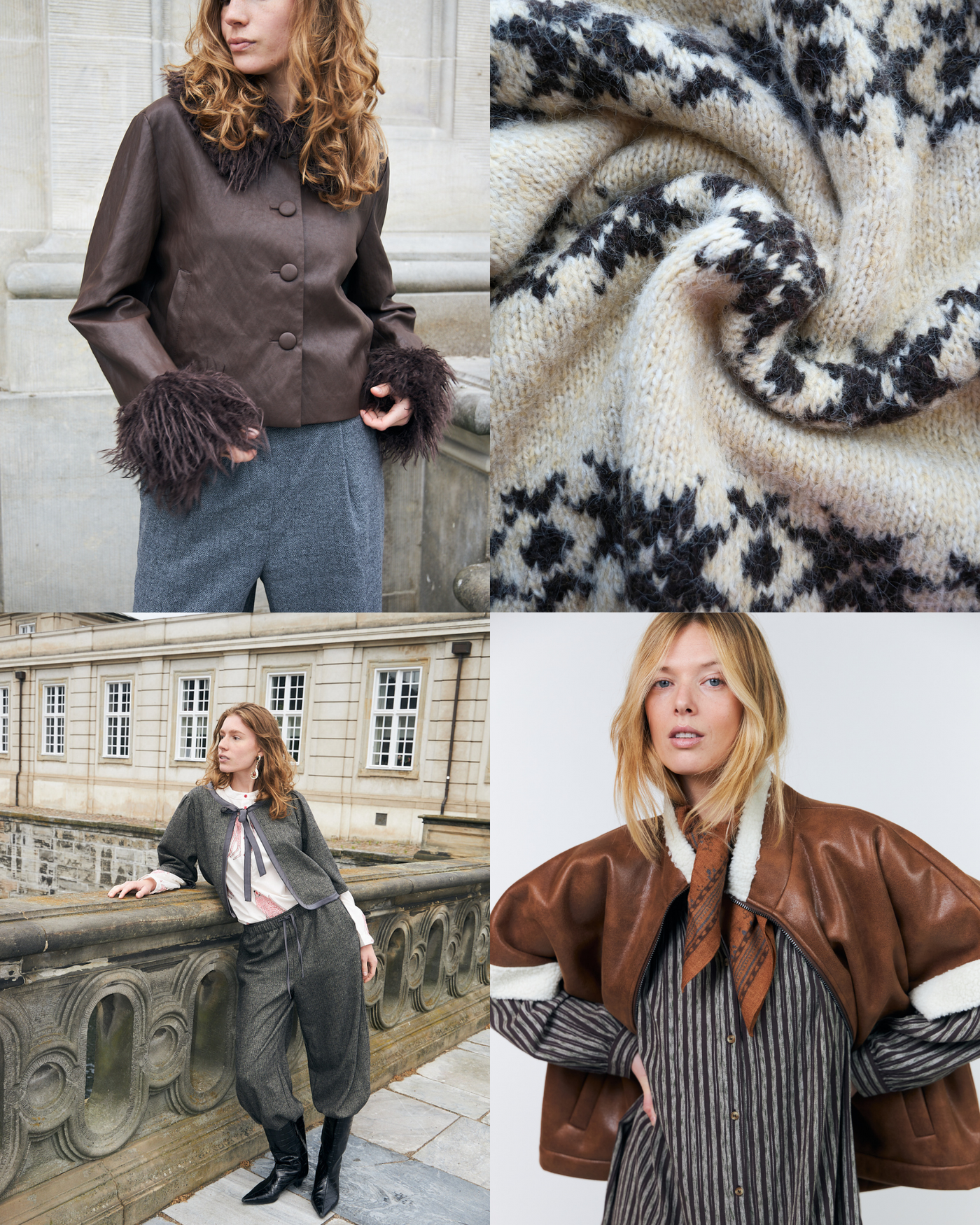 Herbstmode von Lollys Laundry mit brauner Jacke mit Felldetails, nordischem Strick, grauem Set und brauner Jacke in Lederoptik mit Teddy.