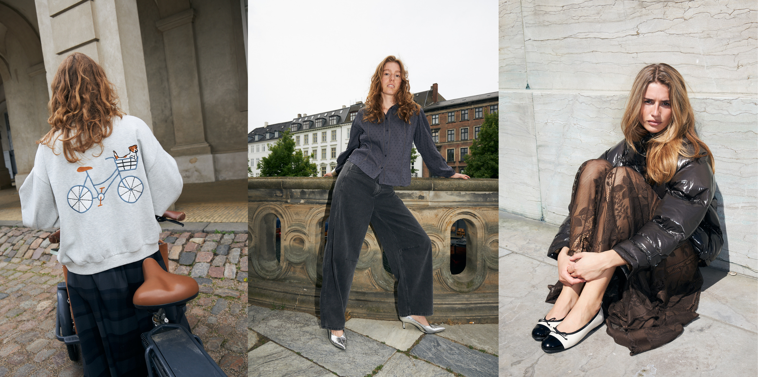 Drei Herbstlooks von Lollys Laundry mit Sweatshirt mit Fahrradmotiv, dunkler Bluse und Jeans sowie braunem Spitzenkleid mit Pufferjacke.