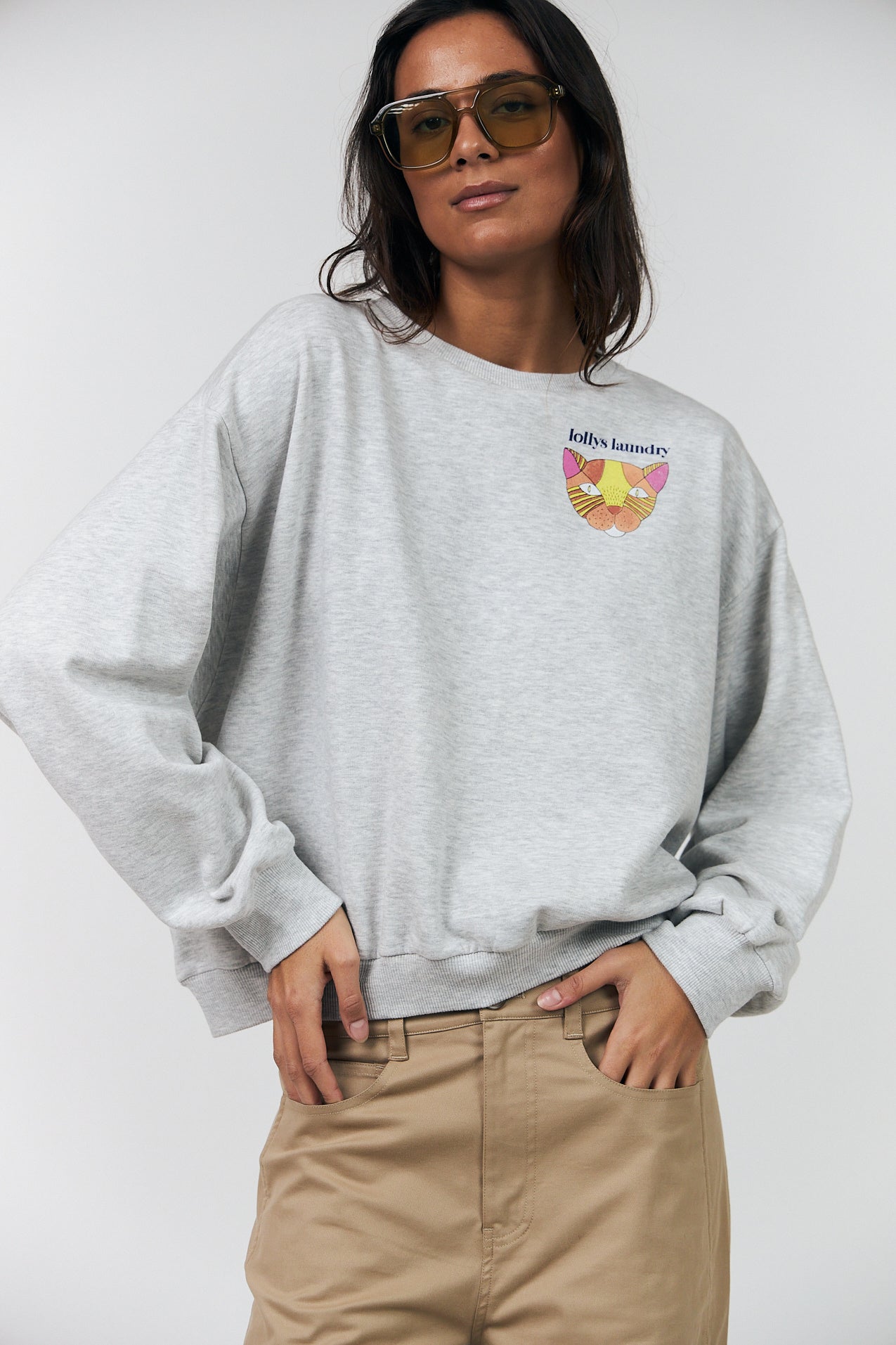 Lollys Laundry SydneyLL Sweatshirt Katze Sweatshirt Hellgrau Melange