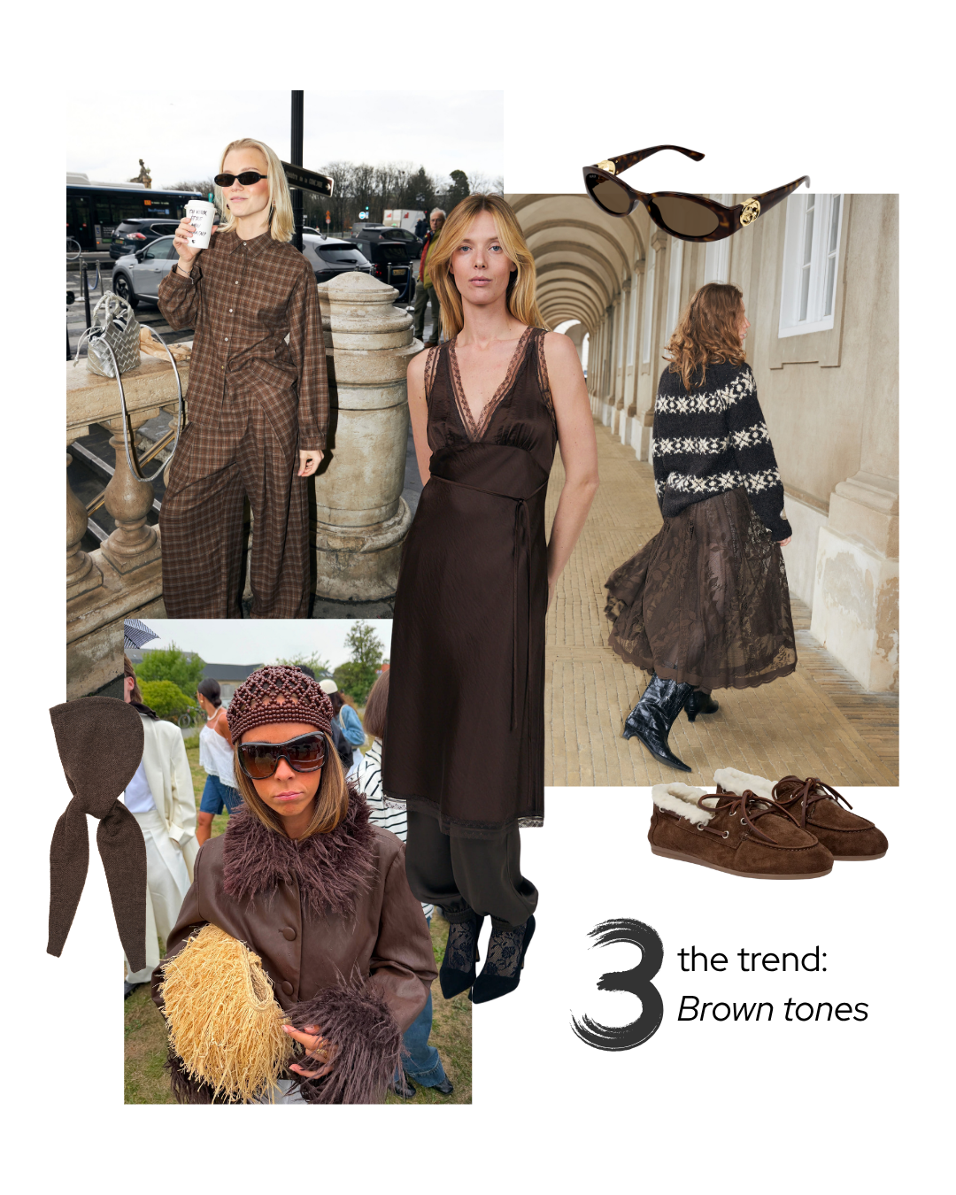 Eine Mode-Collage zum Thema „Brauntöne“: Sie zeigt mehrere Frauen in braunen Outfits, darunter karierte Jumpsuits, ein dunkelbraunes Kleid, einen gemusterten braunen Mantel sowie braune Schuhe, Sonnenbrillen und einen braunen Hut. Das Layout umfasst Aufnahmen im Freien sowie architektonische Hintergründe, wodurch das Motiv dem Bereich Lifestyle zuzuordnen ist.
