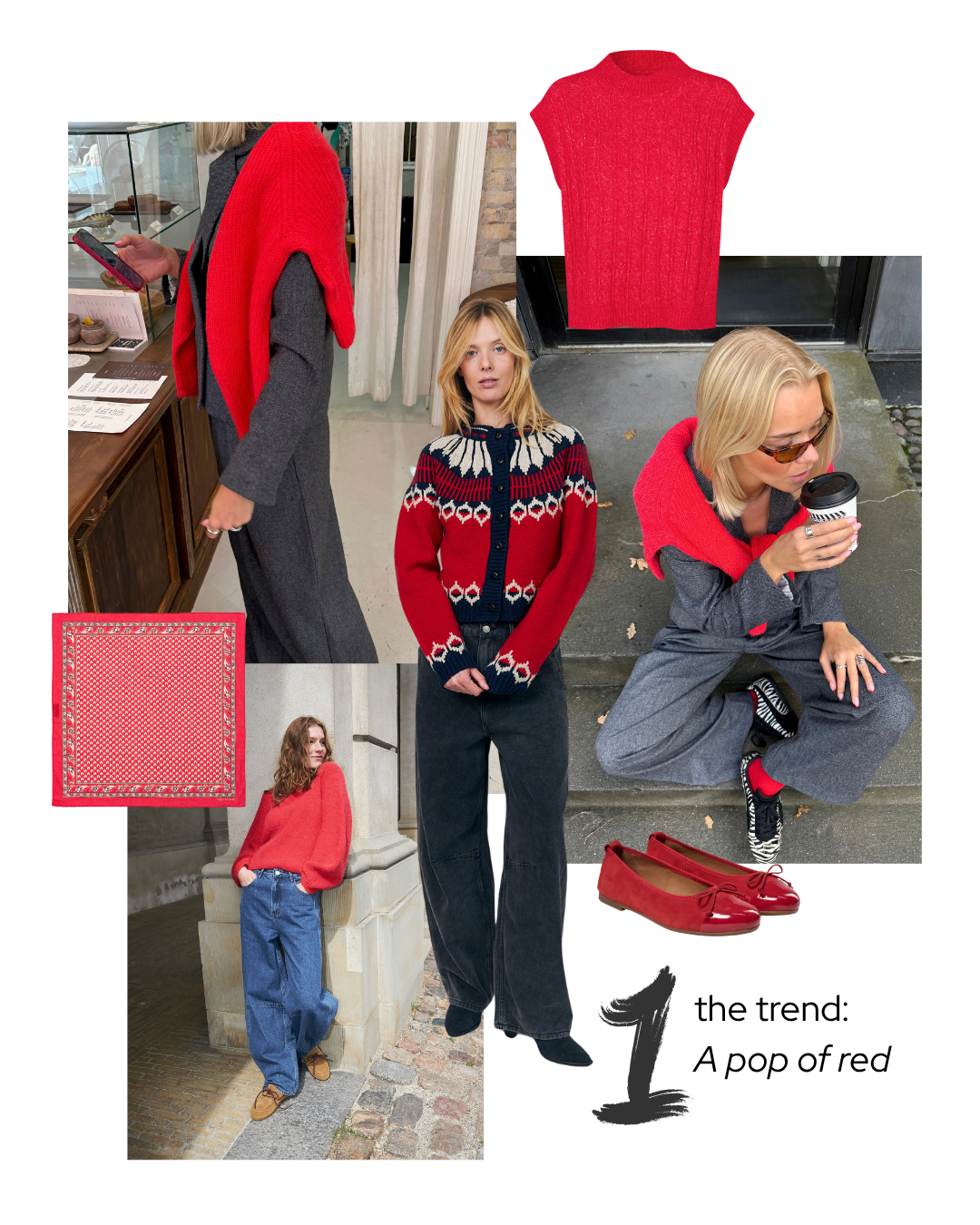 Eine Collage, die eine Frau in einer roten Strickweste über einem dunkelgrauen Kleid zeigt, ergänzt durch Detailaufnahmen der roten Weste, eines rot gemusterten Schals und flacher roter Schuhe. Der Text am unteren Rand lautet: „Der Trend: A Pop Of Red“.